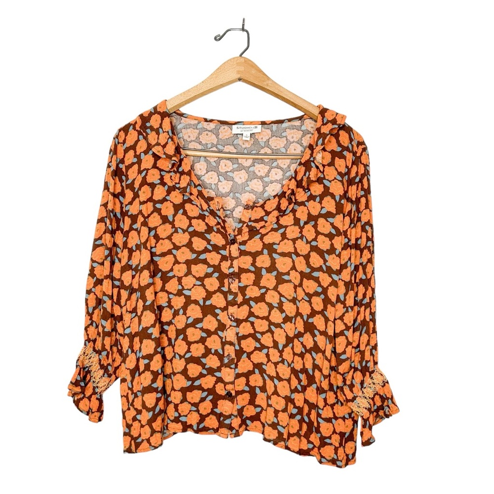 Studio B By Bobeau Orange Floral Print Boxy 3/4 Sleeve Blouse Small S - Picture 1 of 6